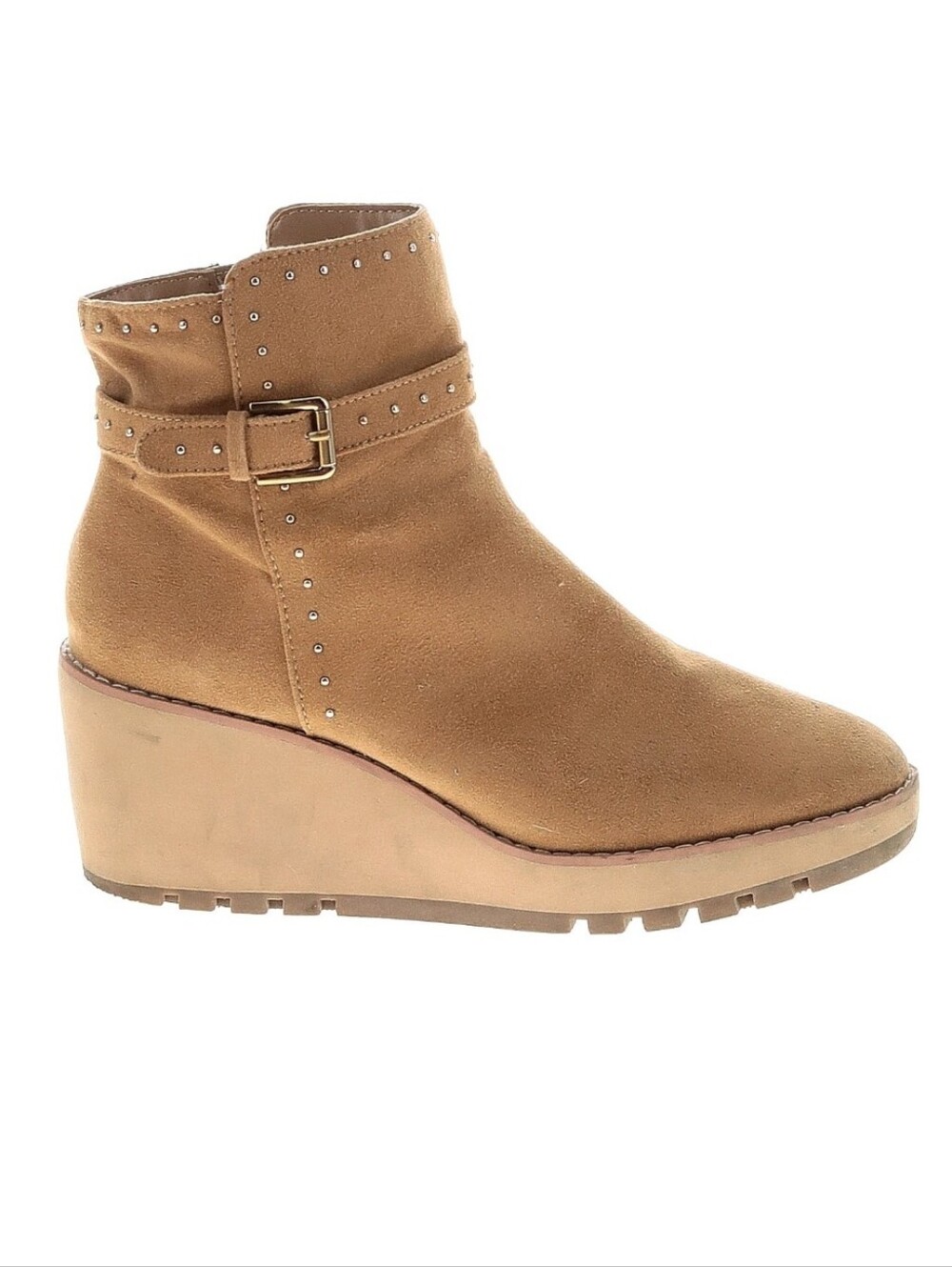 Women's Suede Tan Wedge Ankle Boot with Stud and Buckle Detail